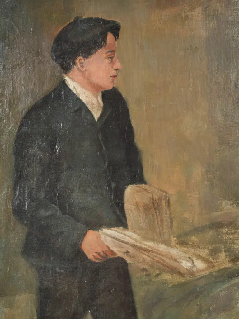 1920s Oil Painting of a Working Man with Newspaper 25½" x 17¼"