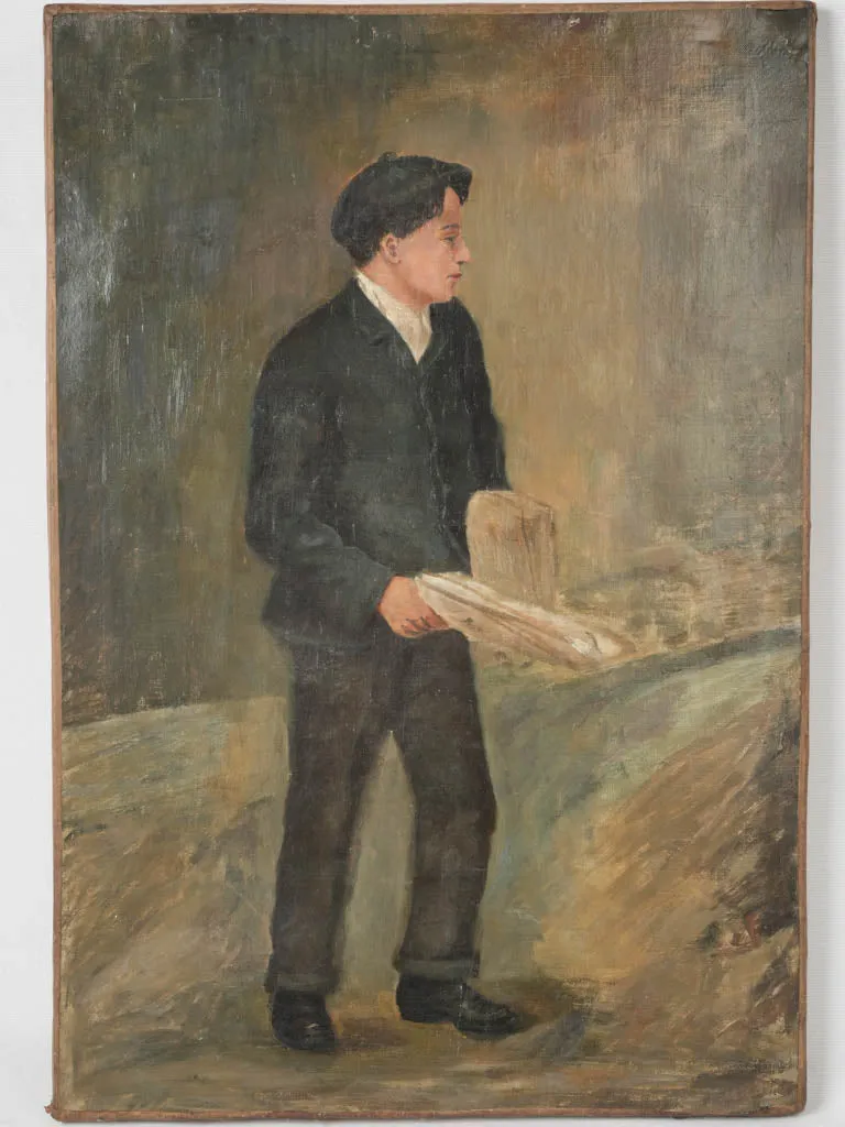 1920s Oil Painting of a Working Man with Newspaper 25½" x 17¼"