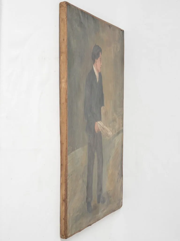 1920s Oil Painting of a Working Man with Newspaper 25½" x 17¼"