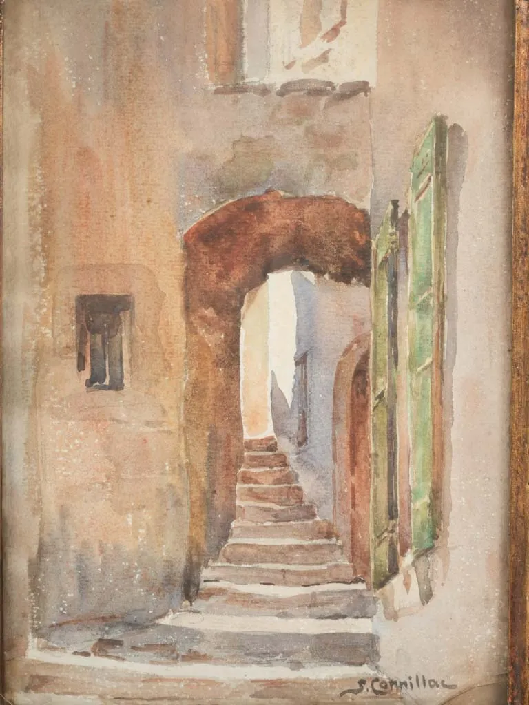 1950s Watercolor of a Village Street by S. Connillac 13¾" x 10¾"