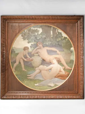 19th-Century Tondo Oil Painting with Sculptural Oak Boiserie Frame 73¾" x 73¾"