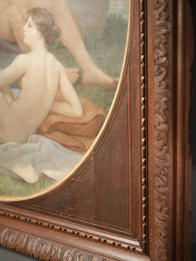 19th-Century Tondo Oil Painting with Sculptural Oak Boiserie Frame 73¾" x 73¾"