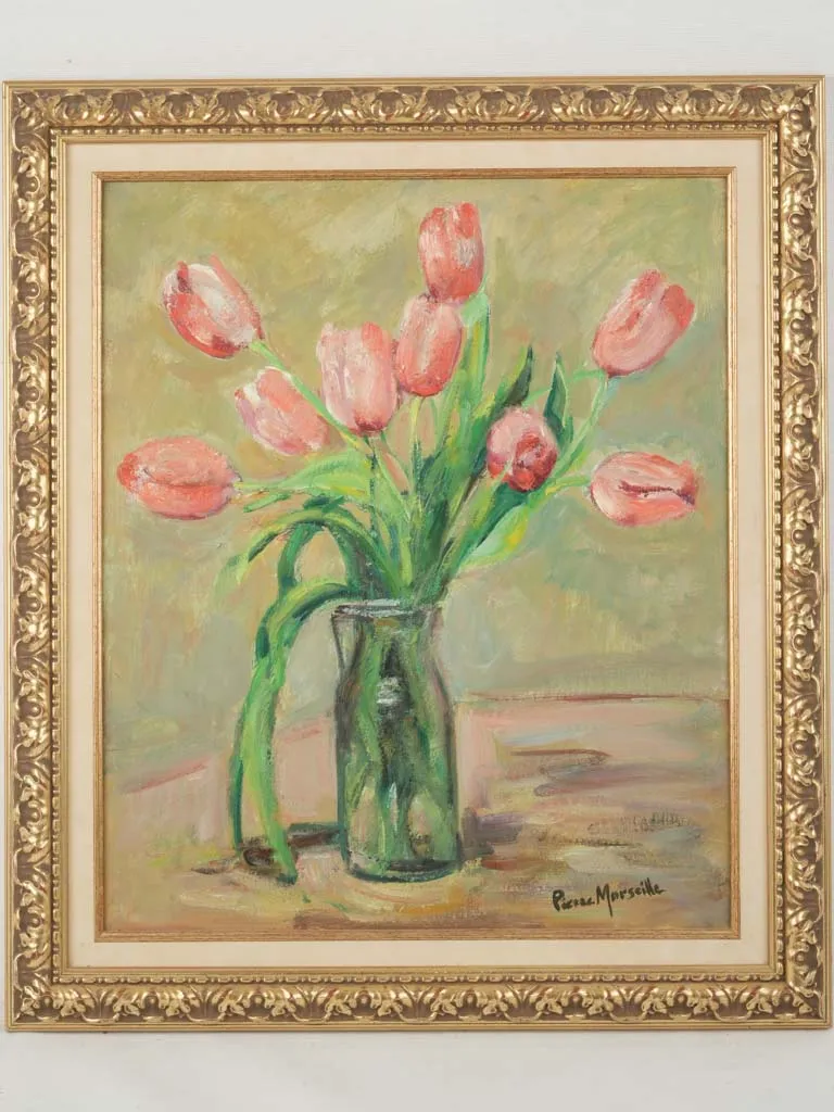 20th-century oil-on-canvas painting of pink tulips by Pierre Marseille 27½" x 23¾"