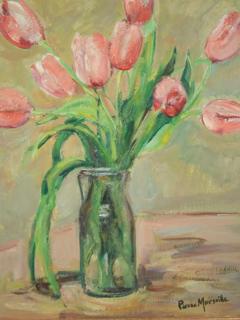 20th-century oil-on-canvas painting of pink tulips by Pierre Marseille 27½" x 23¾"