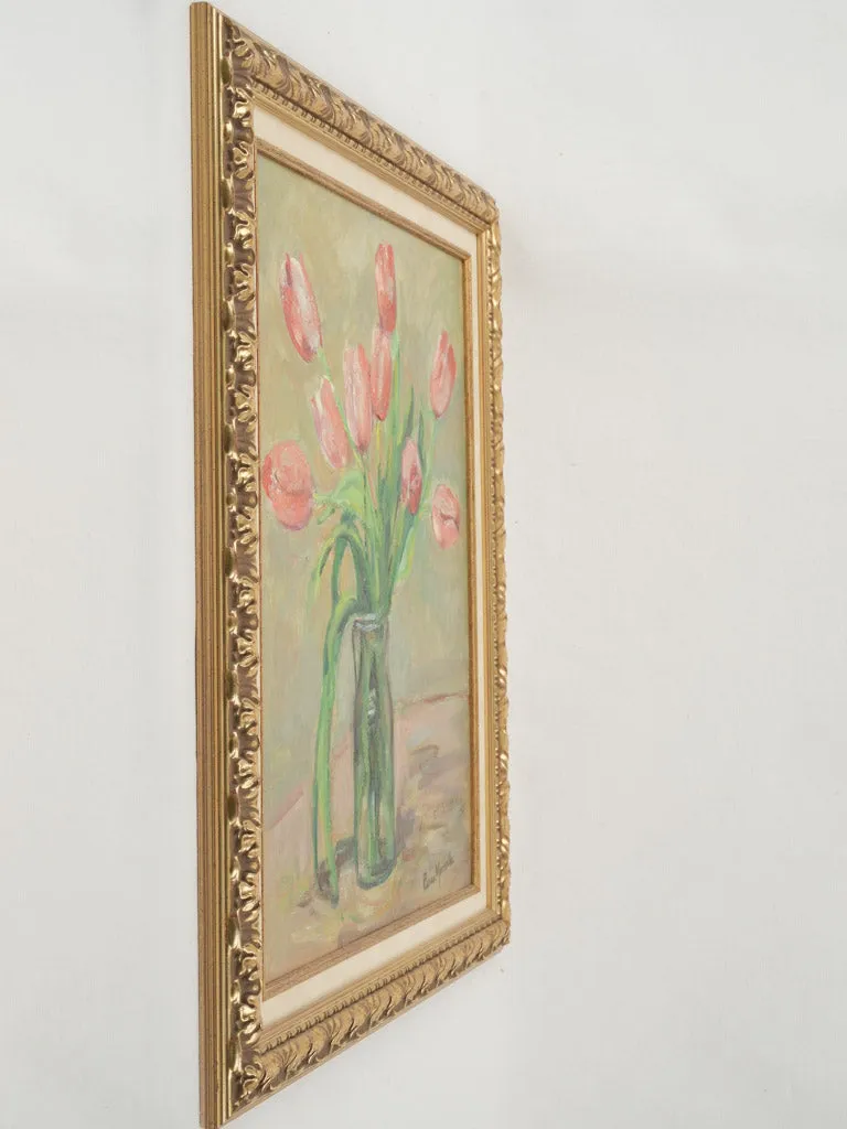 20th-century oil-on-canvas painting of pink tulips by Pierre Marseille 27½" x 23¾"