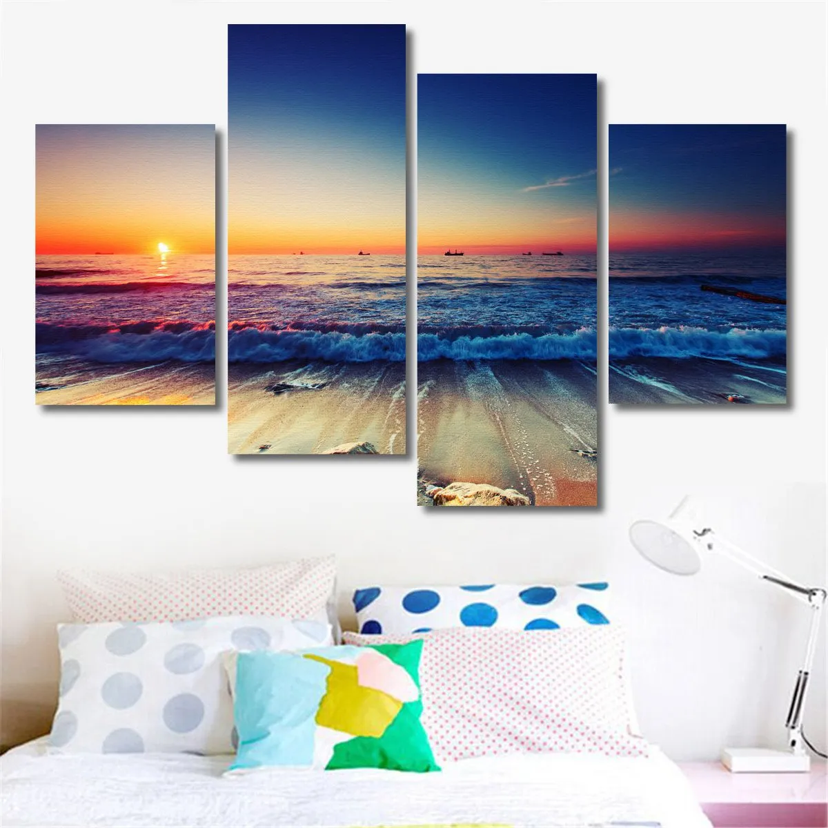 4 Panels Beach Sunset Canvas Printed Paintings Sea Seascape