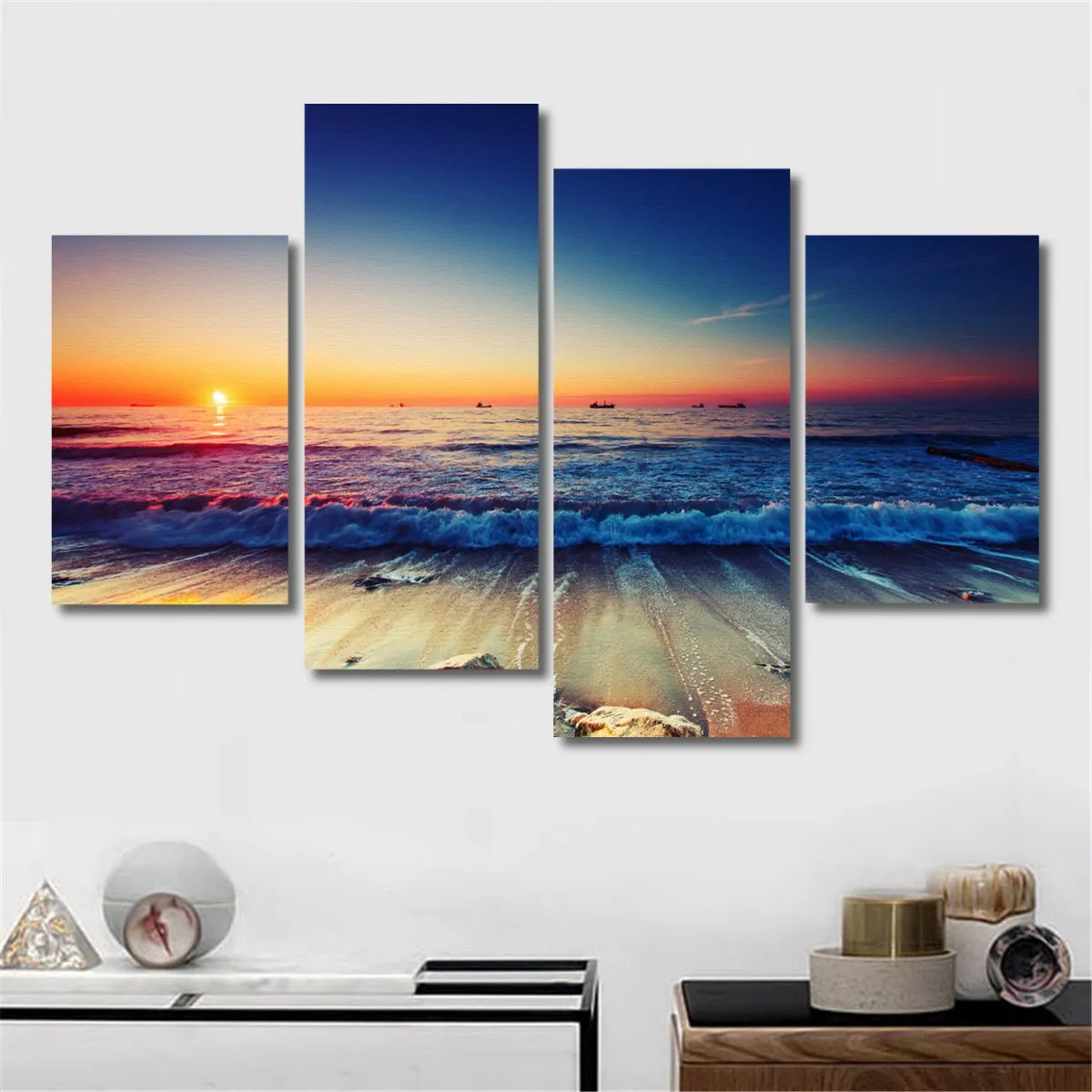 4 Panels Beach Sunset Canvas Printed Paintings Sea Seascape