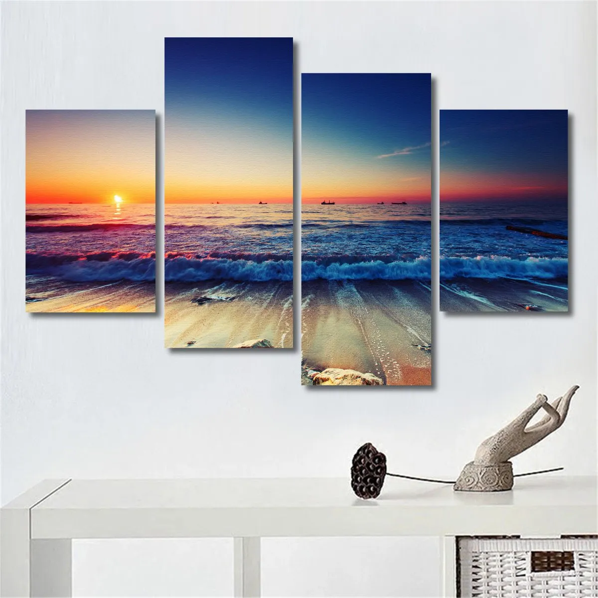 4 Panels Beach Sunset Canvas Printed Paintings Sea Seascape