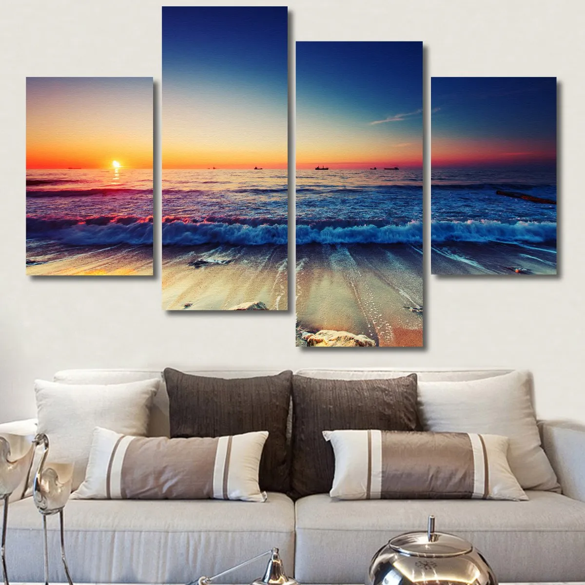 4 Panels Beach Sunset Canvas Printed Paintings Sea Seascape