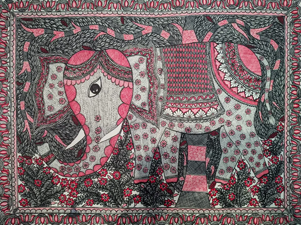 A Royal Elephant in Madhubani by Ambika Devi