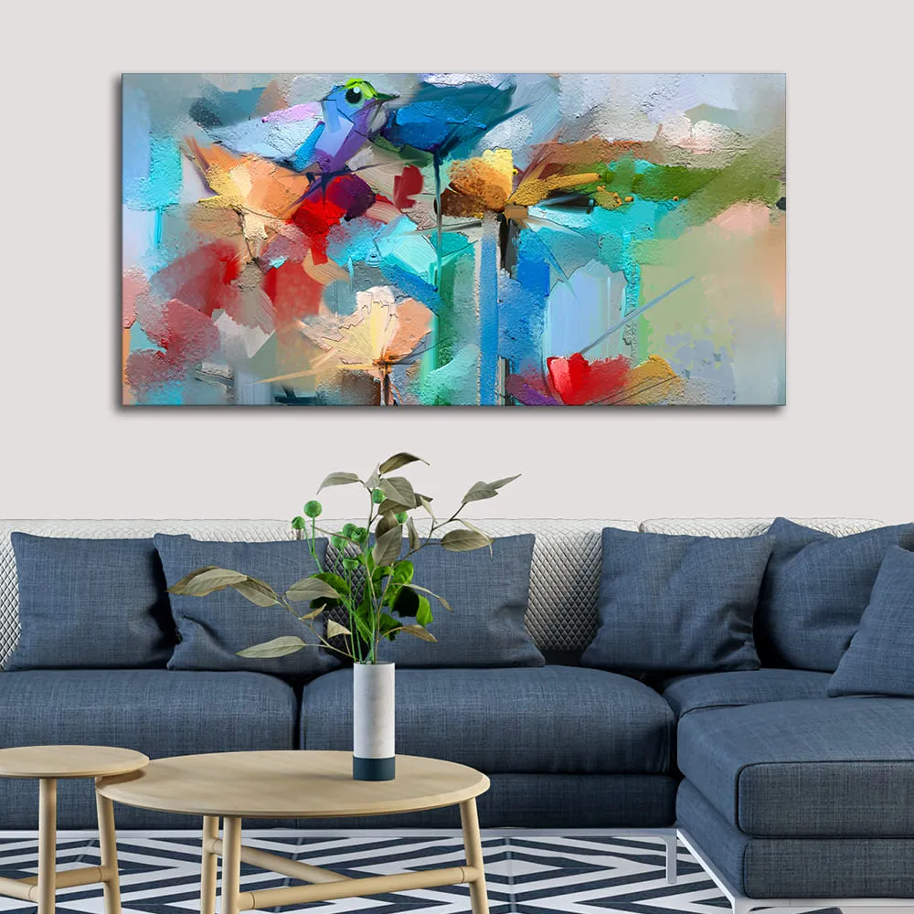 Abstract Colorful Bird and Spring Flower Canvas Wall Painting