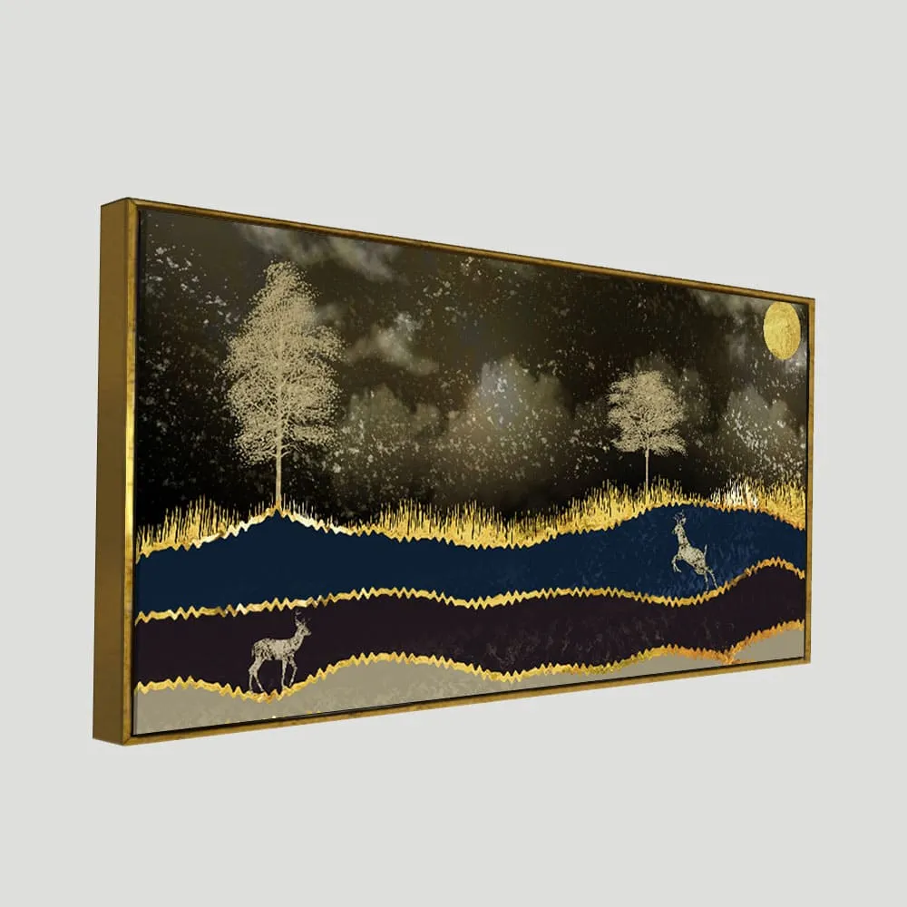 Abstract Midnight Golden Scenery with Deer Canvas Wall Painting