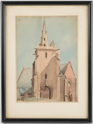 Antique French Watercolor of Stone Church – Ploumanac'h, 1926 17¼ x  13"