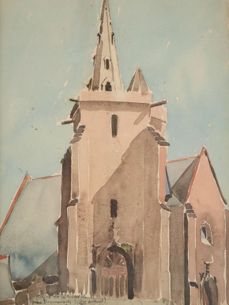 Antique French Watercolor of Stone Church – Ploumanac'h, 1926 17¼ x  13"