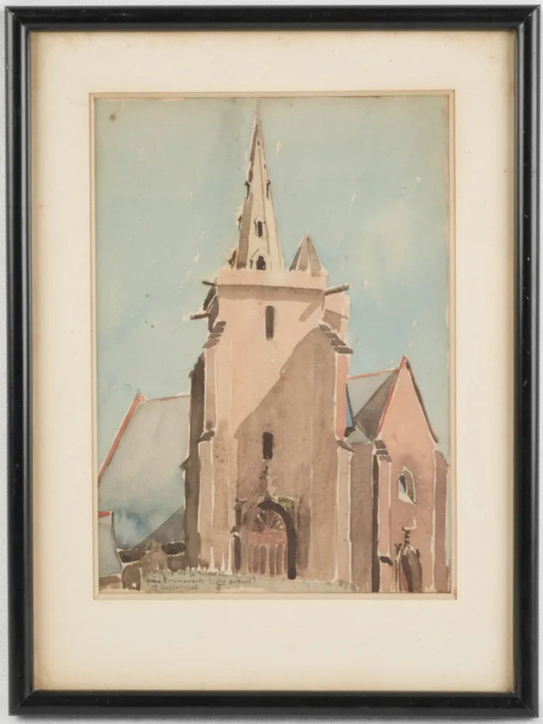 Antique French Watercolor of Stone Church – Ploumanac'h, 1926 17¼ x  13"