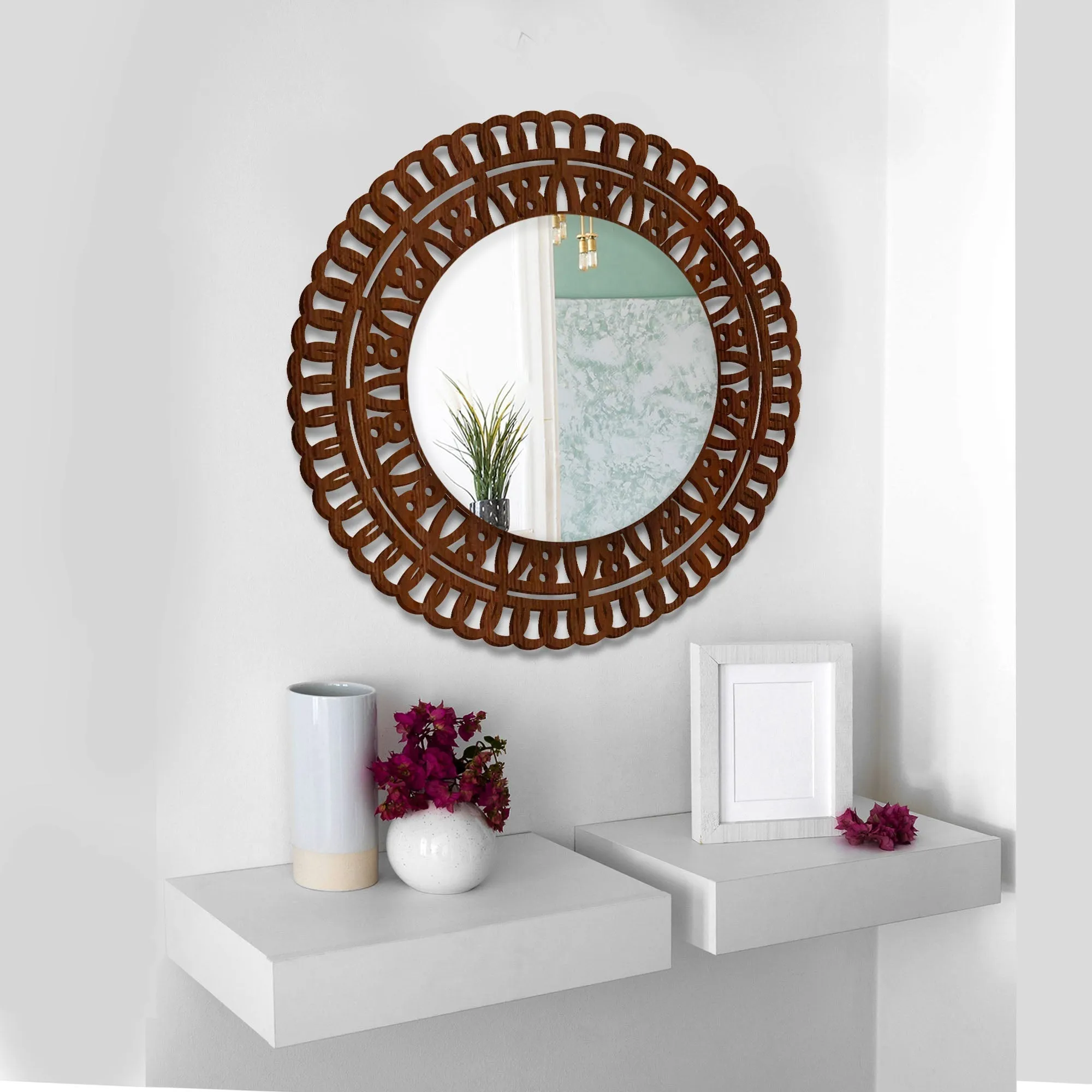 Artistic Designer Round Shape Wall Mirror with Wooden Frame