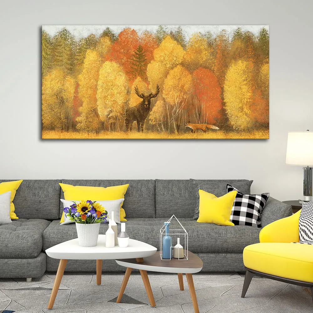 Autumn Foliage with Moose and Fox Premium Canvas Wall Painting