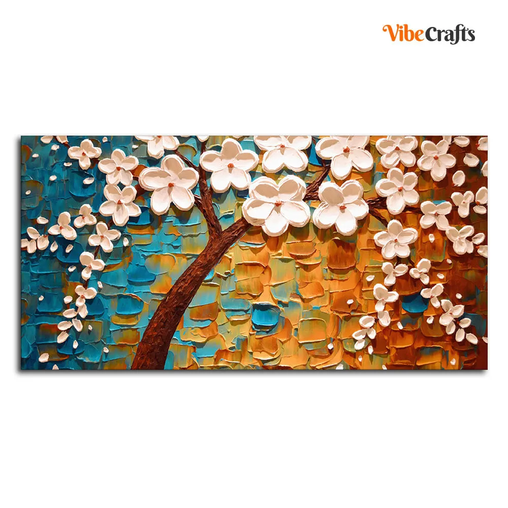 Beautiful Floral Tree Art with White Flower Premium Canvas Wall Painting