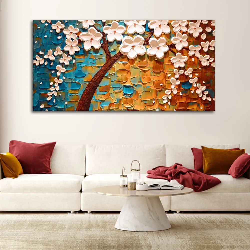 Beautiful Floral Tree Art with White Flower Premium Canvas Wall Painting