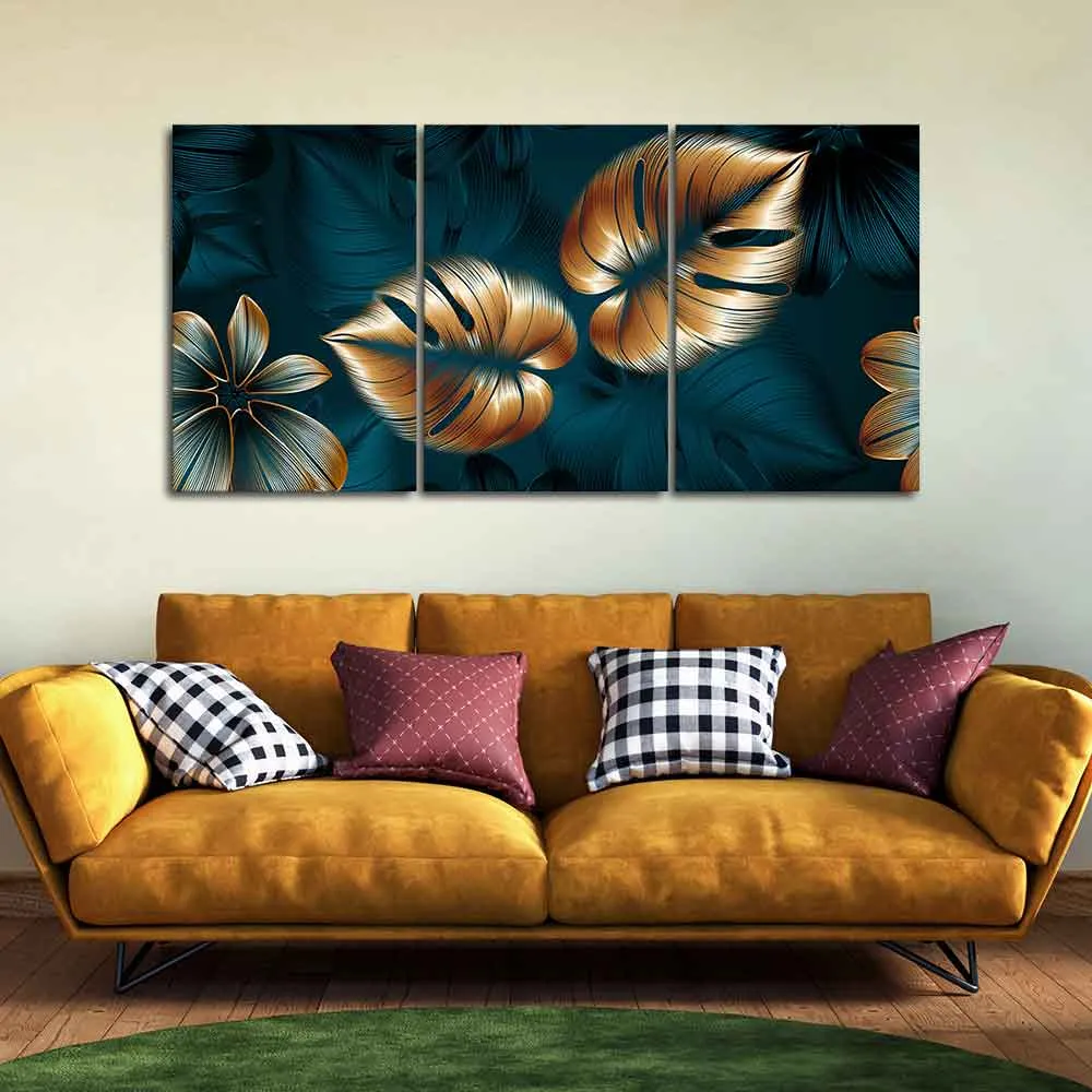 Beautiful Flower & Monstera Leaves Wall Painting of 3 Pieces