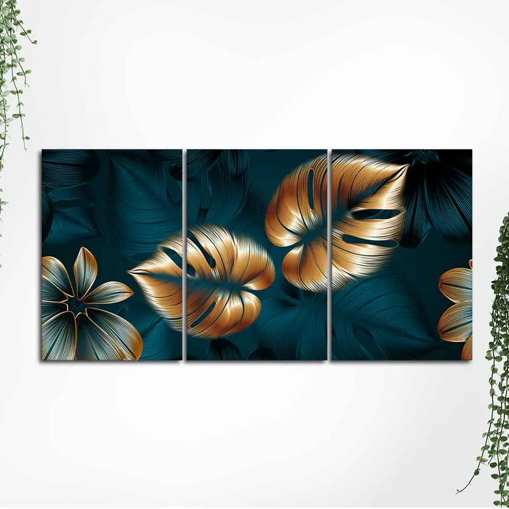 Beautiful Flower & Monstera Leaves Wall Painting of 3 Pieces