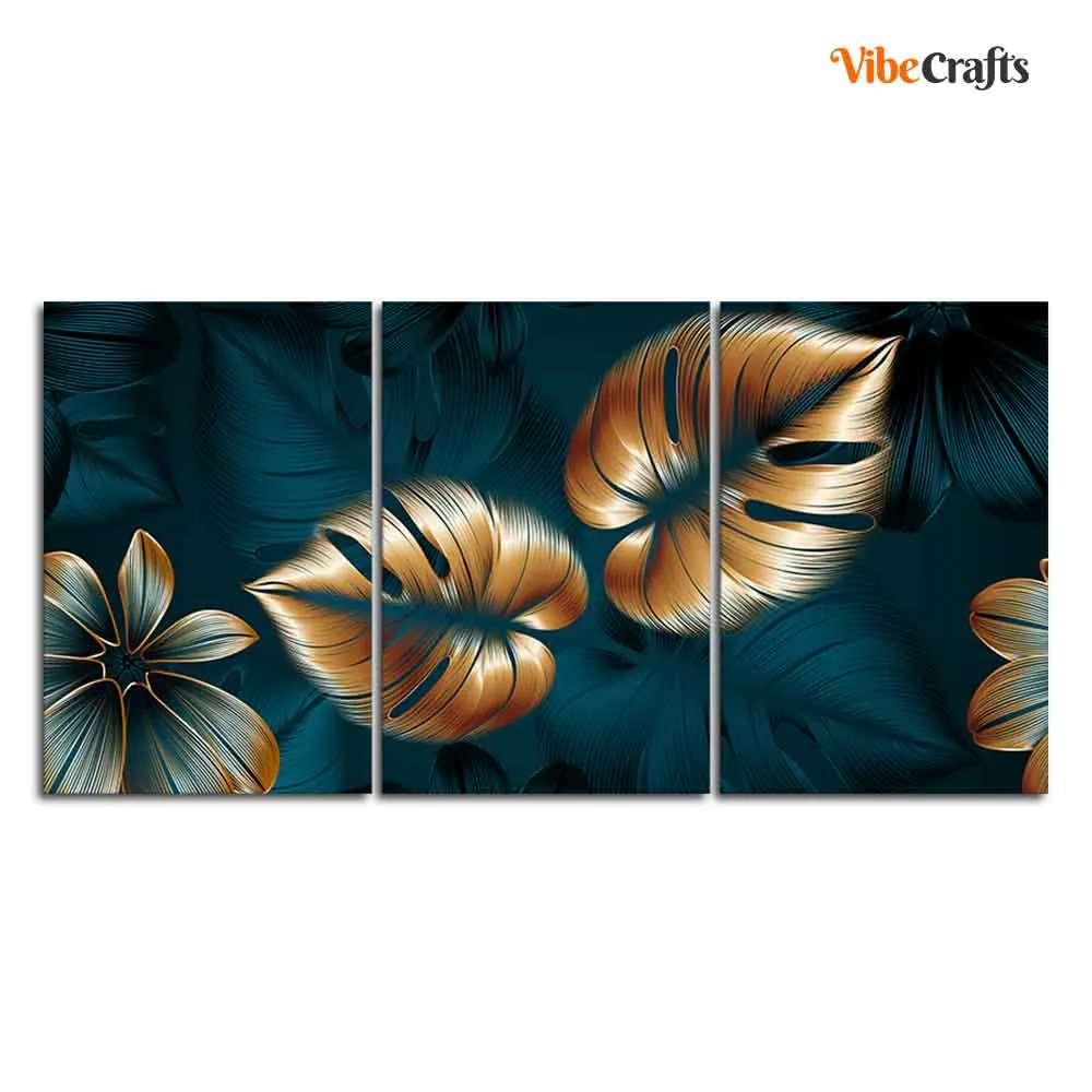 Beautiful Flower & Monstera Leaves Wall Painting of 3 Pieces