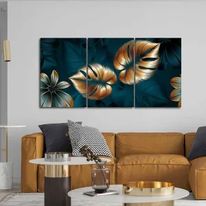 Beautiful Flower & Monstera Leaves Wall Painting of 3 Pieces