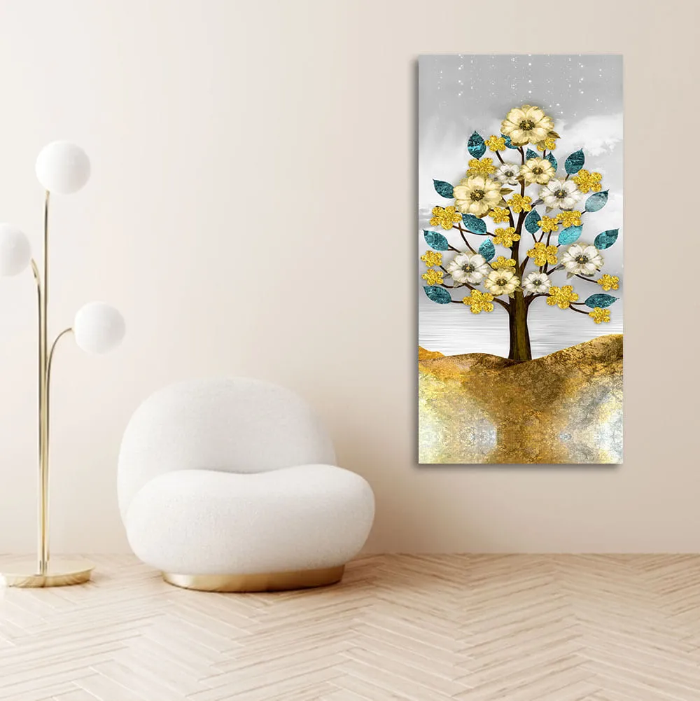 Beautiful Golden Flowers and Turquoise Mountains Canvas Wall Painting