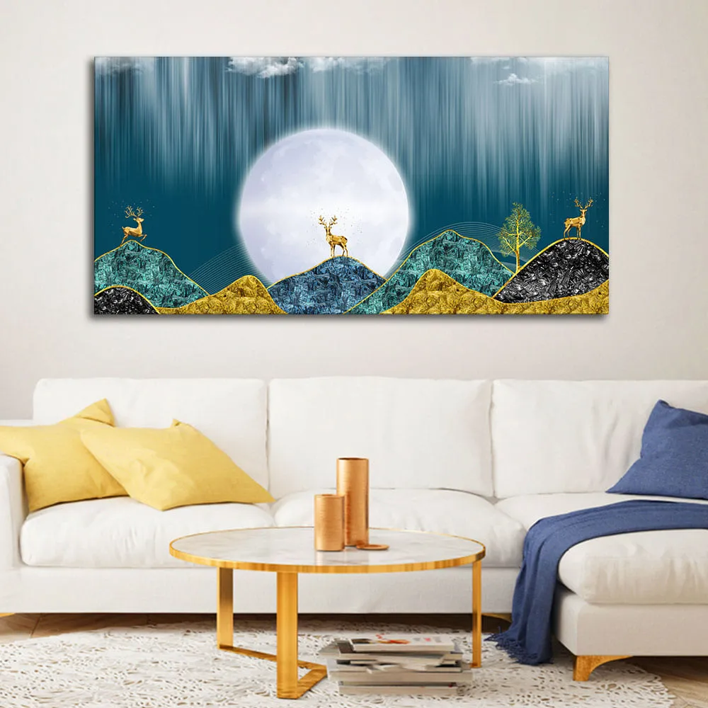 Beautiful Golden Mountains and Deer with Moon Premium Canvas Wall Painting