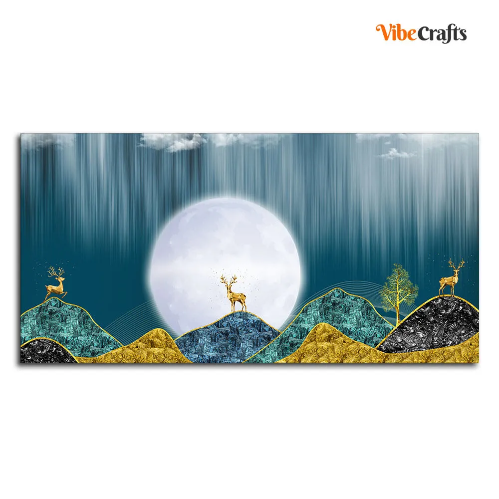 Beautiful Golden Mountains and Deer with Moon Premium Canvas Wall Painting