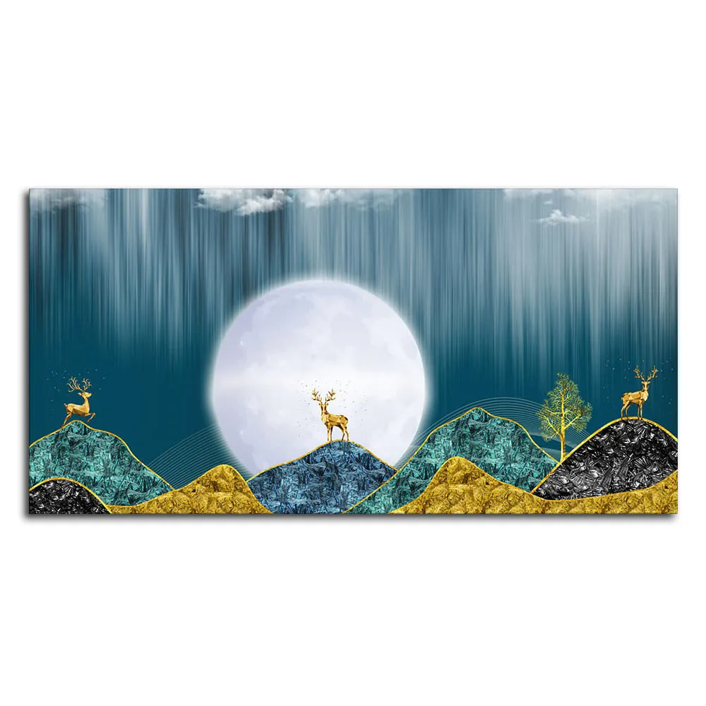 Beautiful Golden Mountains and Deer with Moon Premium Canvas Wall Painting