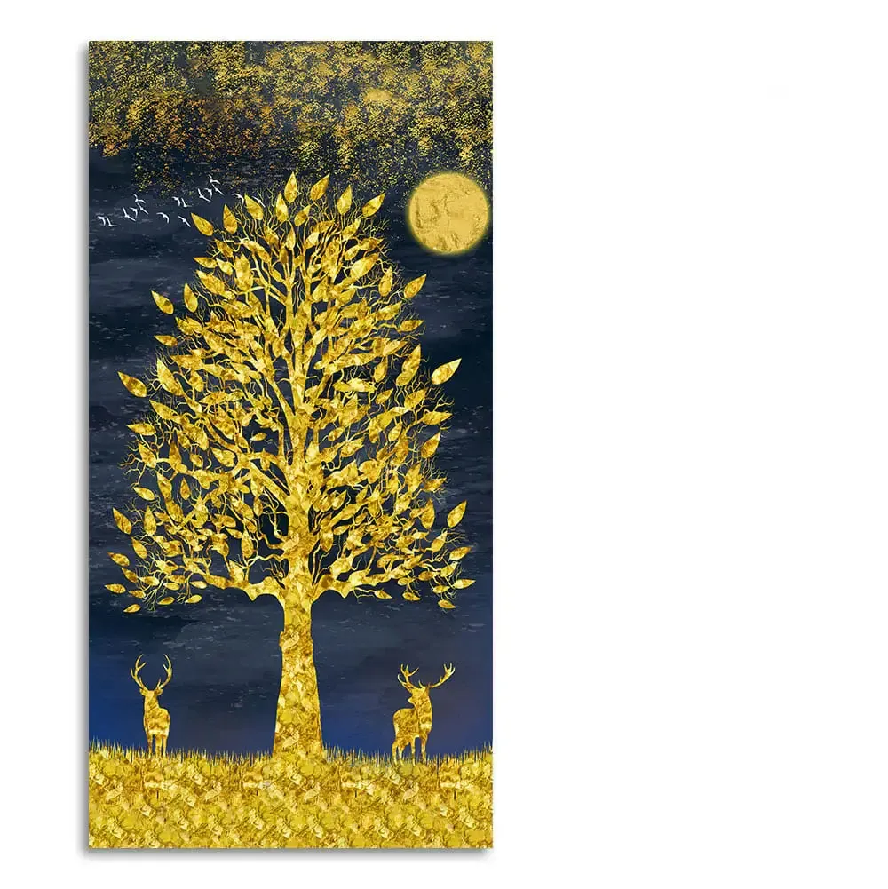 Beautiful Golden Tree and Moon with Deers Premium Canvas Wall Painting