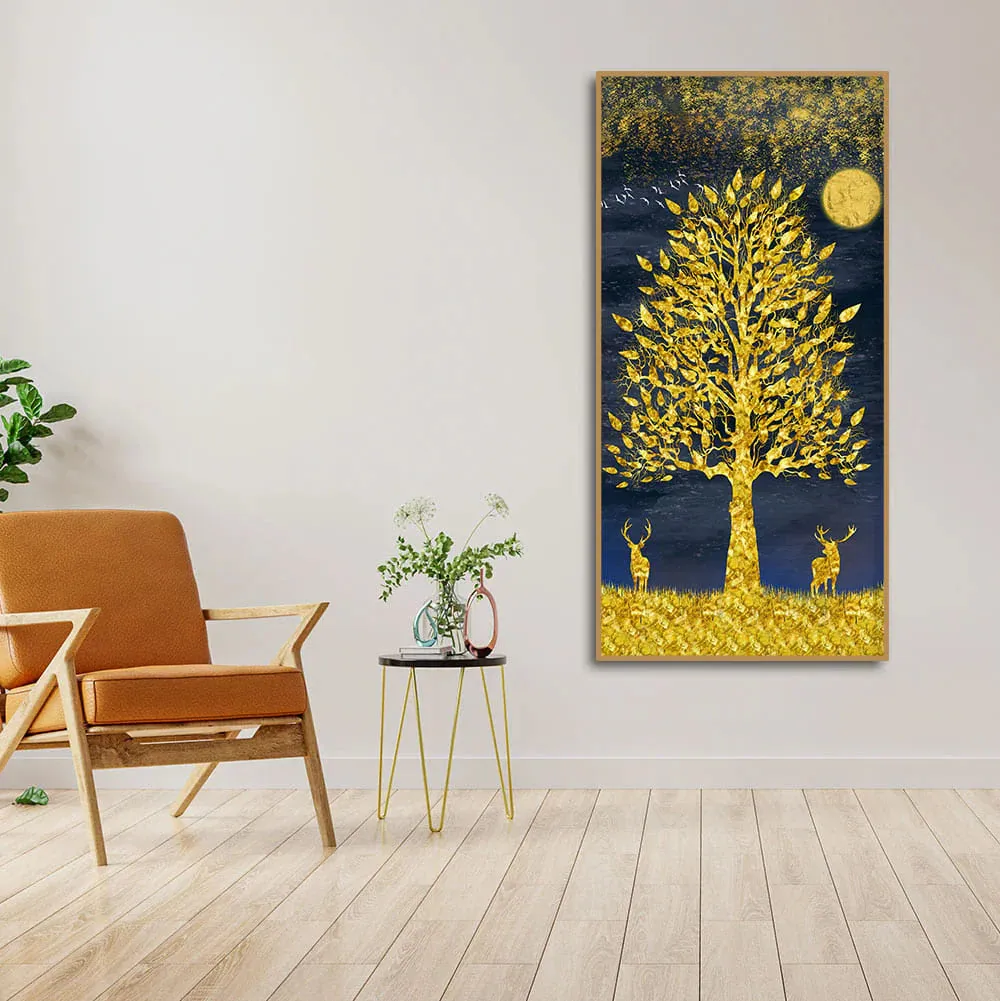 Beautiful Golden Tree and Moon with Deers Premium Canvas Wall Painting