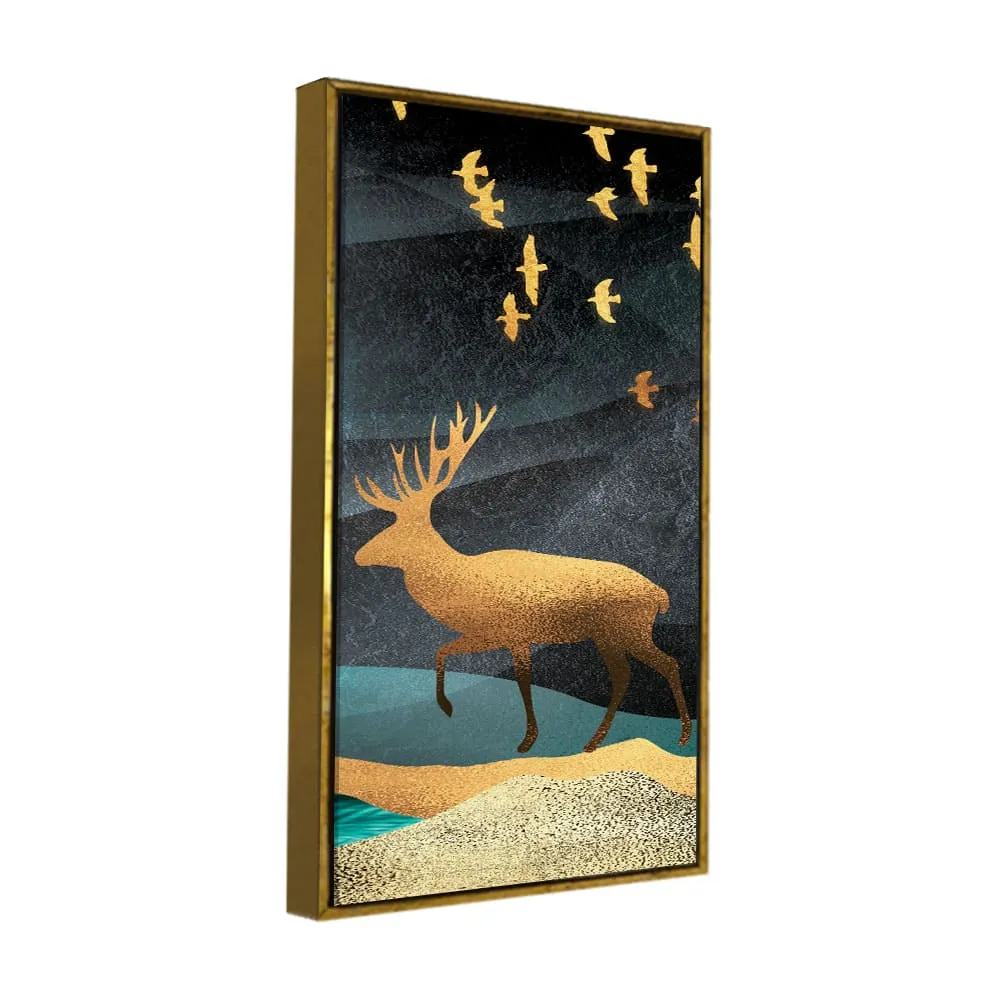 Beautiful Golden Walking Deer Premium Canvas Wall Painting