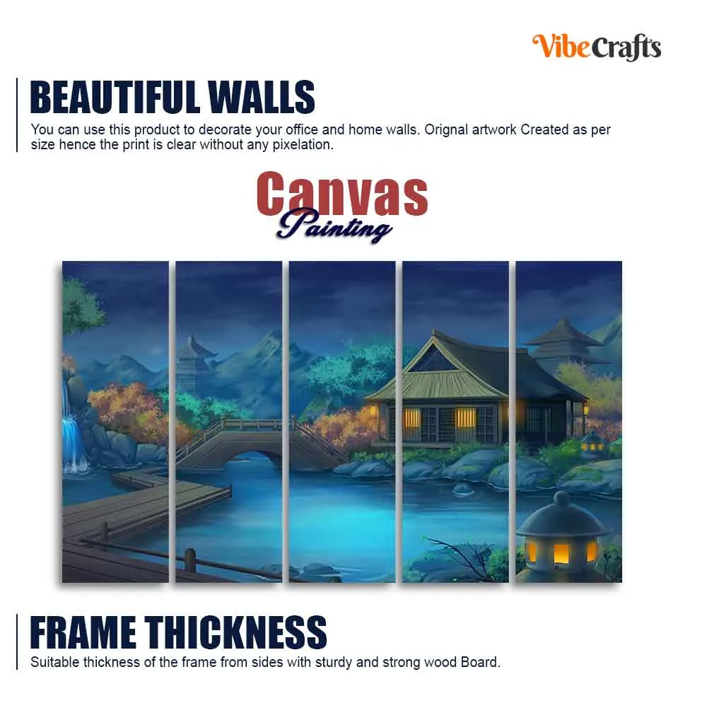 Beautiful Japanese Courtyard at Night Canvas Wall Painting of Five Pieces