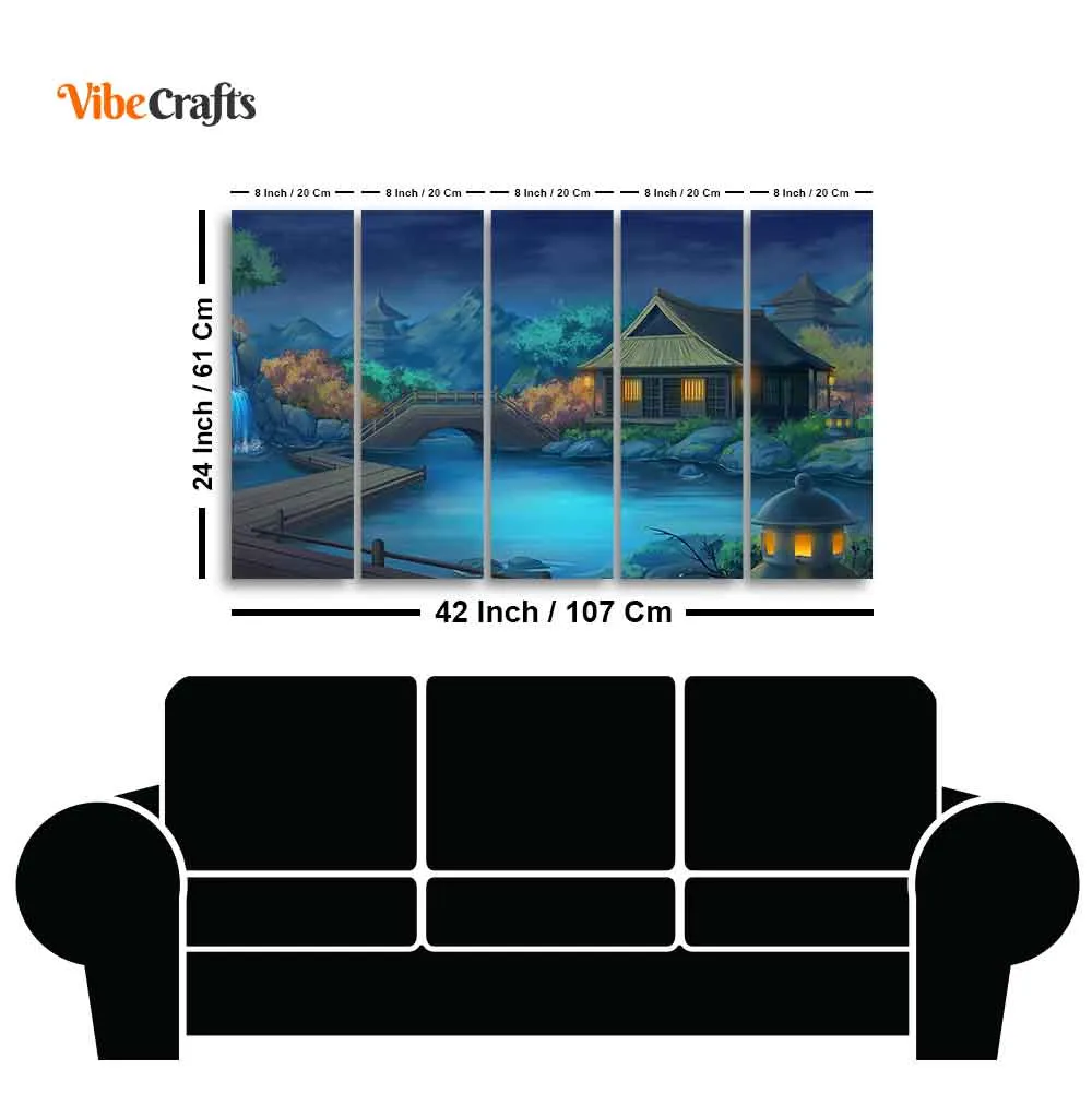 Beautiful Japanese Courtyard at Night Canvas Wall Painting of Five Pieces