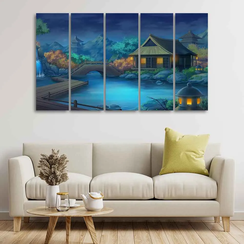 Beautiful Japanese Courtyard at Night Canvas Wall Painting of Five Pieces