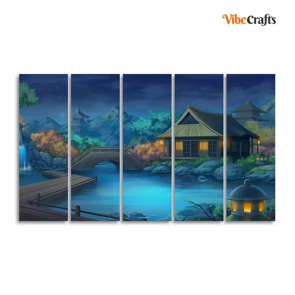 Beautiful Japanese Courtyard at Night Canvas Wall Painting of Five Pieces