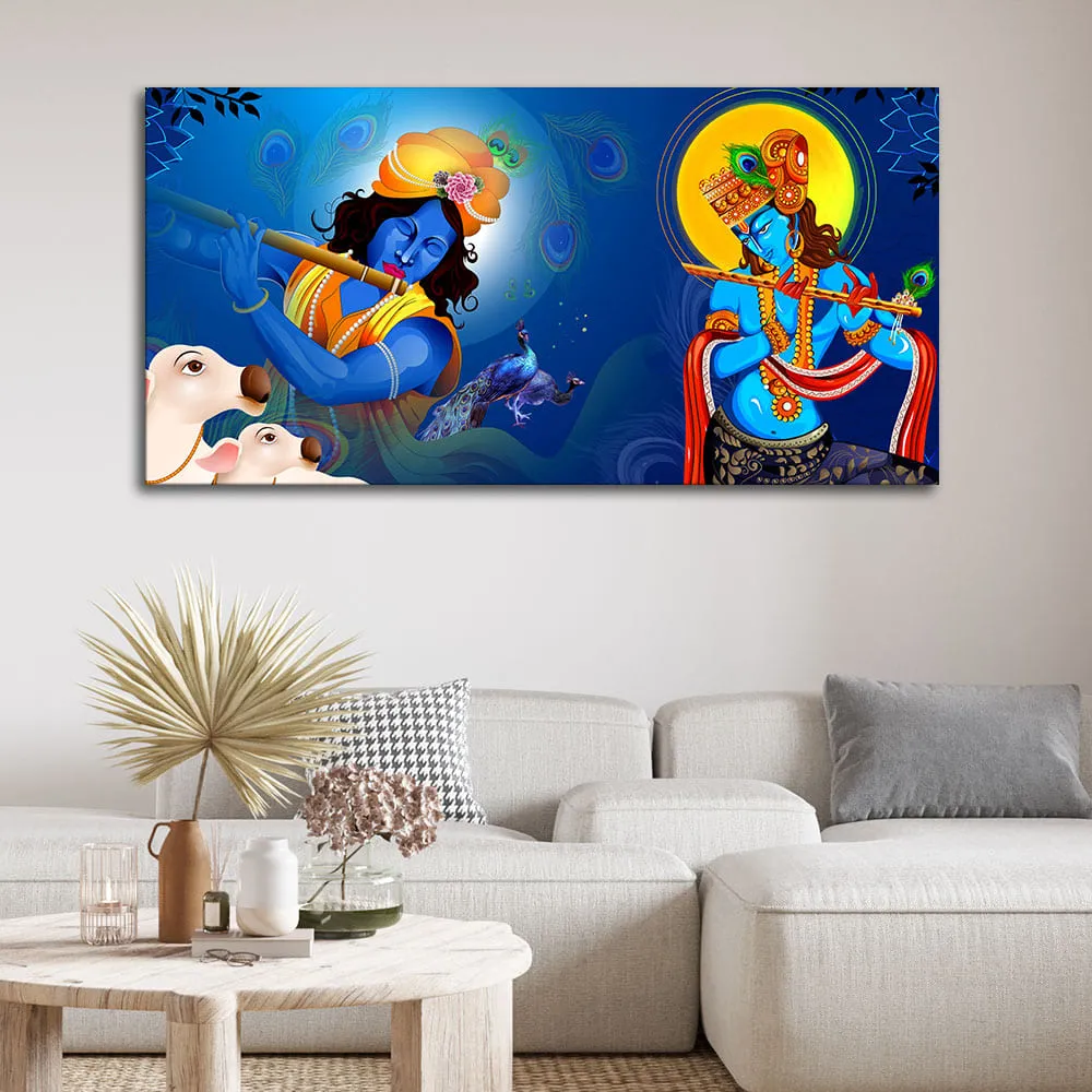 Beautiful Lord Krishna Playing with Flute Premium Canvas Wall Painting