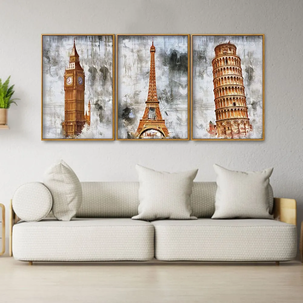 Beautiful Monuments Premium Floating Canvas Wall Painting Set of Three