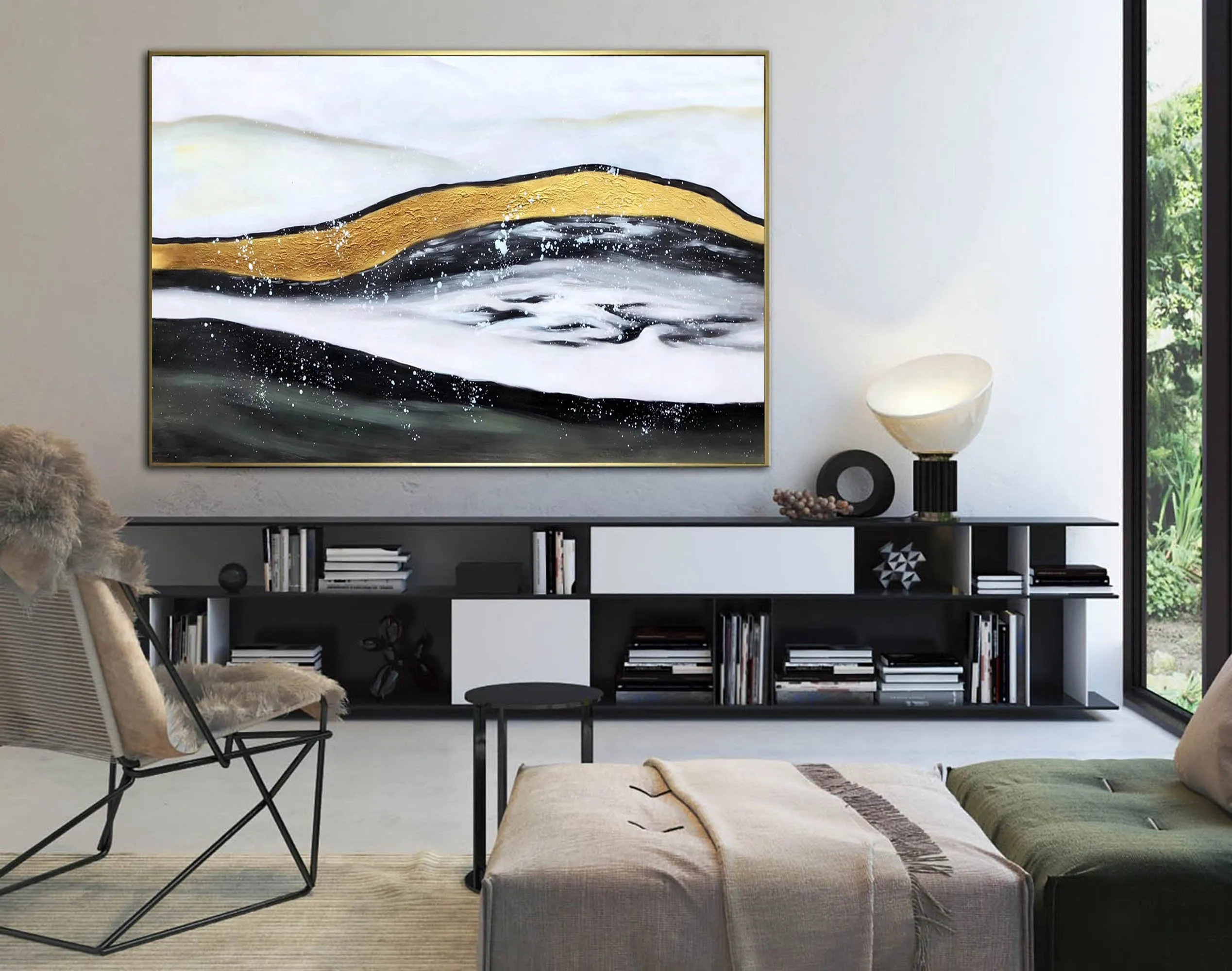 Black White Gold Abstract Wall Art Modern Art Painting Large Artwork Cp029