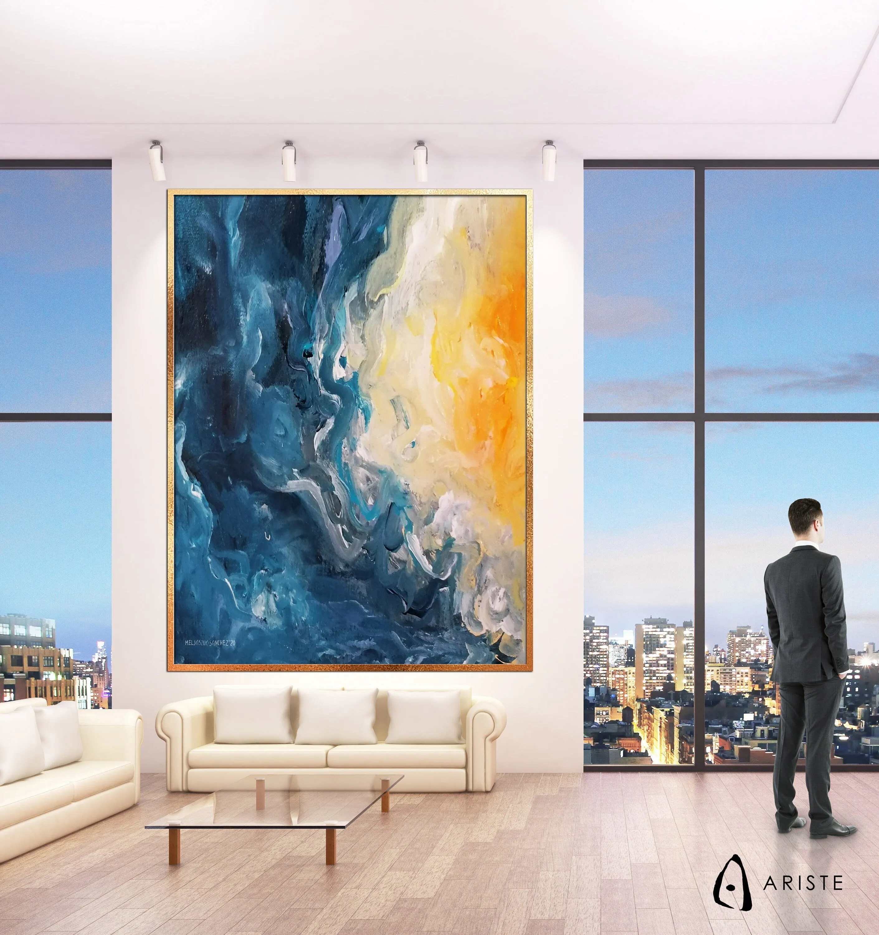 Blue & orange extra large abstract painting made to order in a custom size