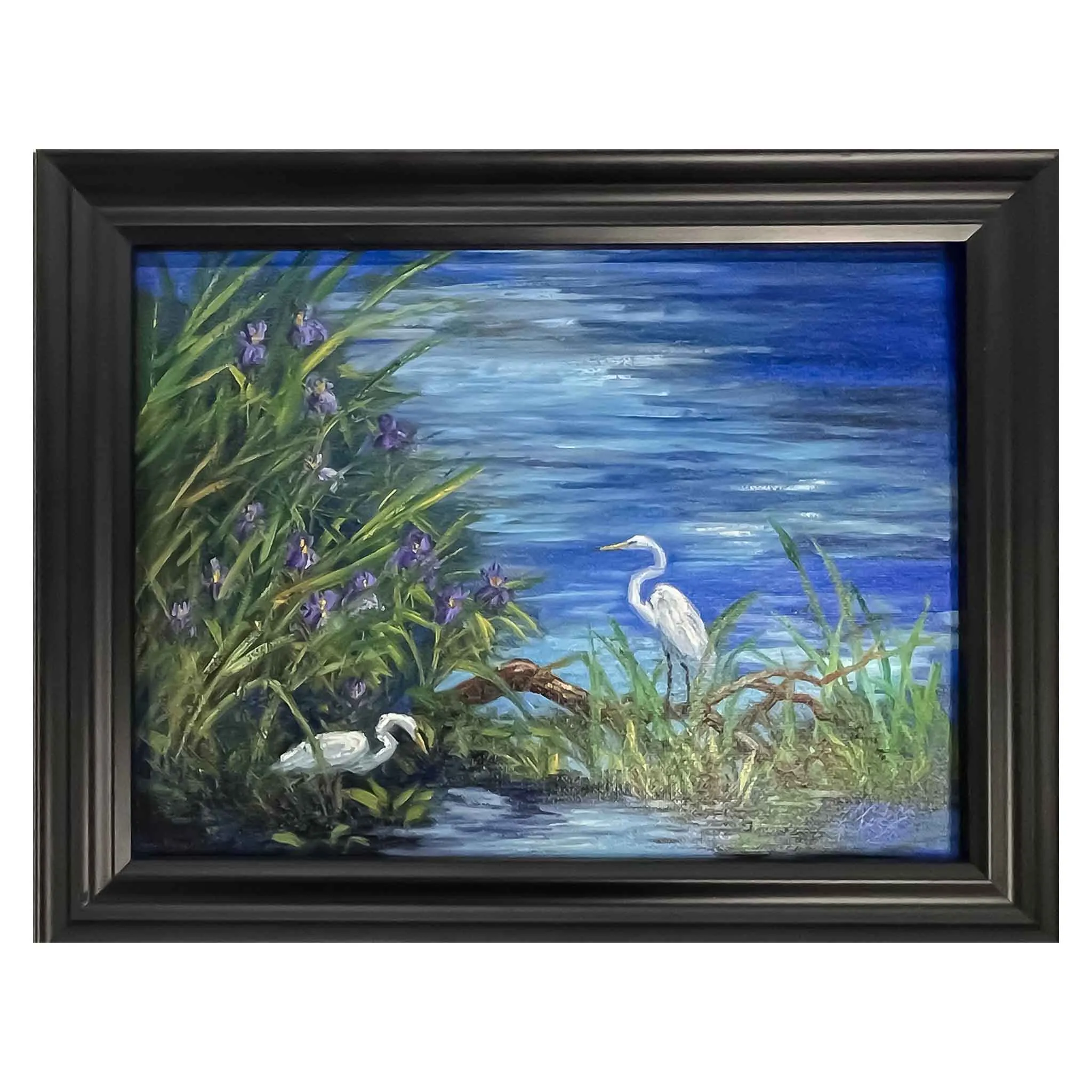 ECF Egret Pair by Lake Framed Oil Painting