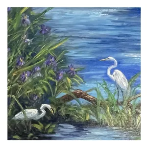 ECF Egret Pair by Lake Framed Oil Painting