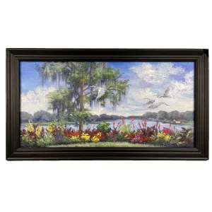 ECF Floral Explosion- Framed Oil Painting Lake Scene 13"x21"