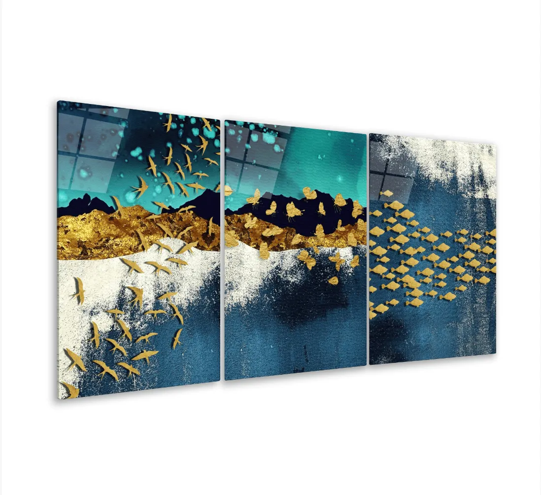 Golden Birds Glass Wall Art & Set of 3