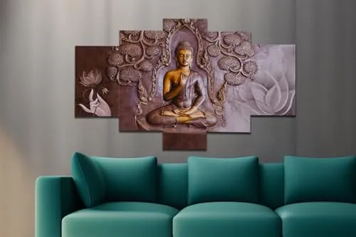 Great Art #Buddha Paintings for Living Room | Painting for Wall Decoration | 3D Wall Art for Bedroom | Gautam Buddha Wall Painting Set of 5 (75x43 Cm) B2