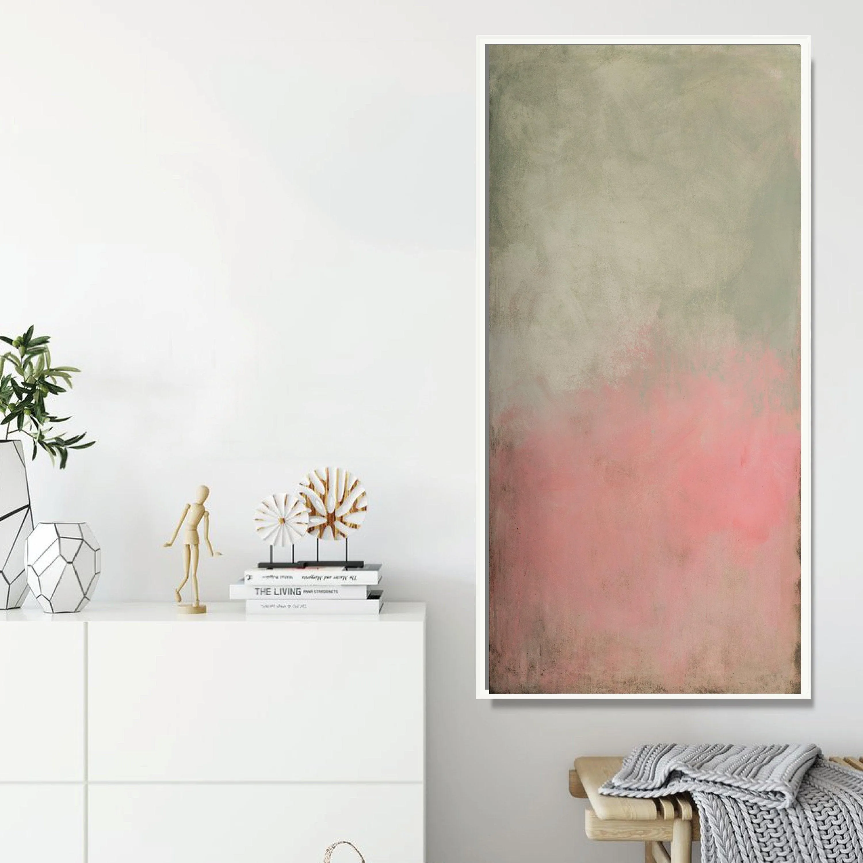 Green minimalist Abstract fine art originalt, Large wall art, Abstract painting green and pink