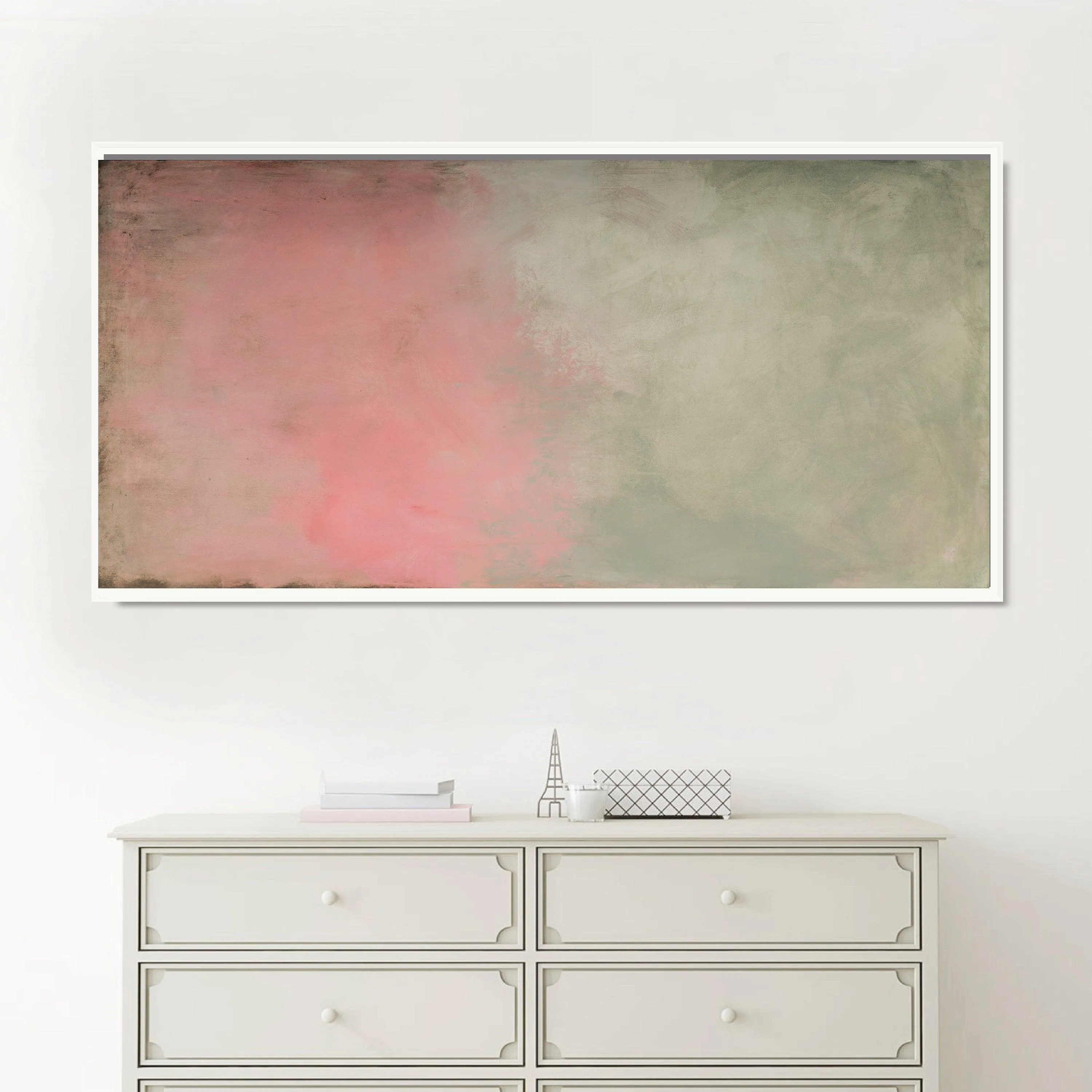 Green minimalist Abstract fine art originalt, Large wall art, Abstract painting green and pink