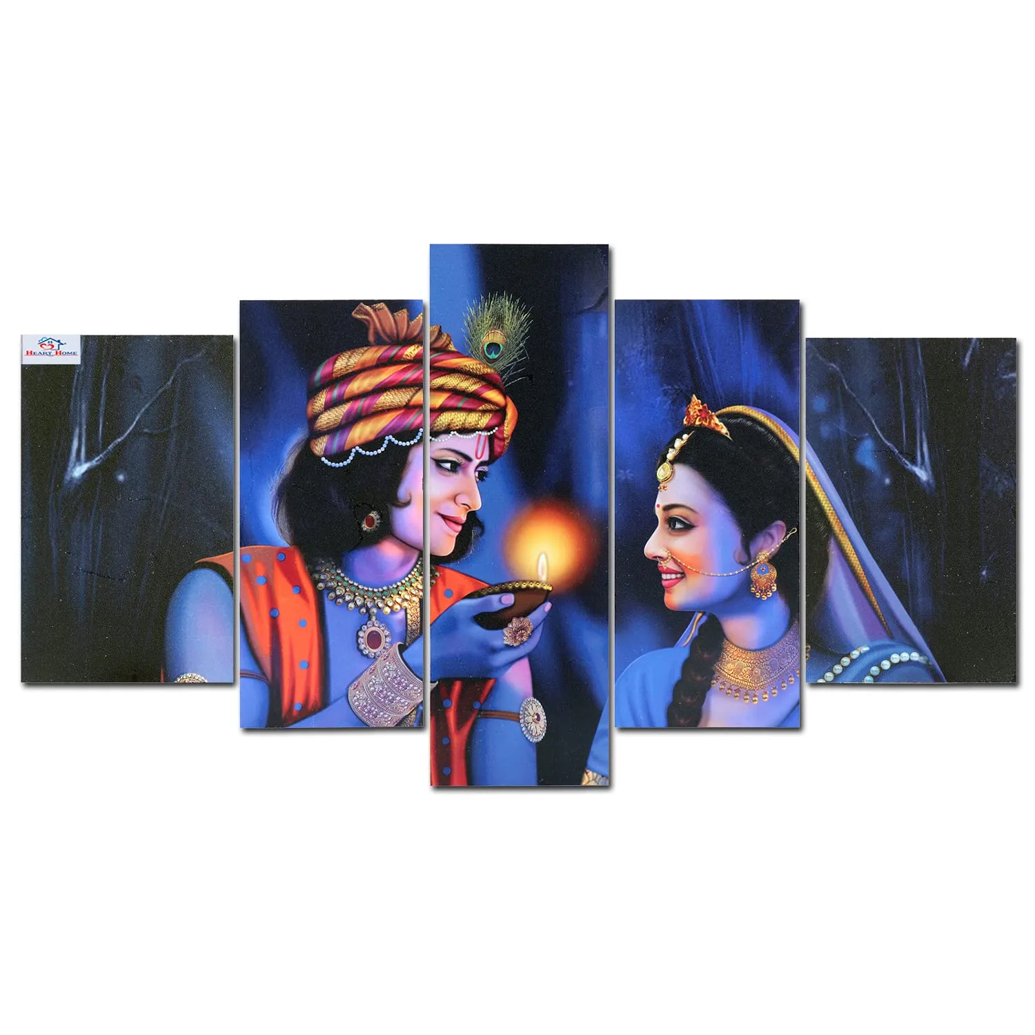 Heart Home Wall Paintings | MDF Wooden Wall Art for Living Room |Wall Sculpture | Radha-Krishna Painting for Bedroom | Office | Hotels | Gift | 1730KIK1 |5 Piece Set| Blue